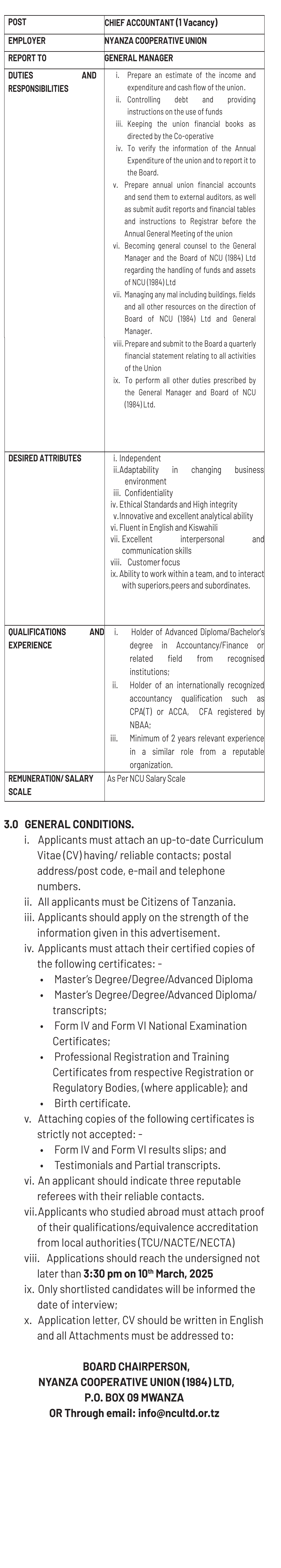 2 Vacancies at Nyanza Cooperative Union, February 2025