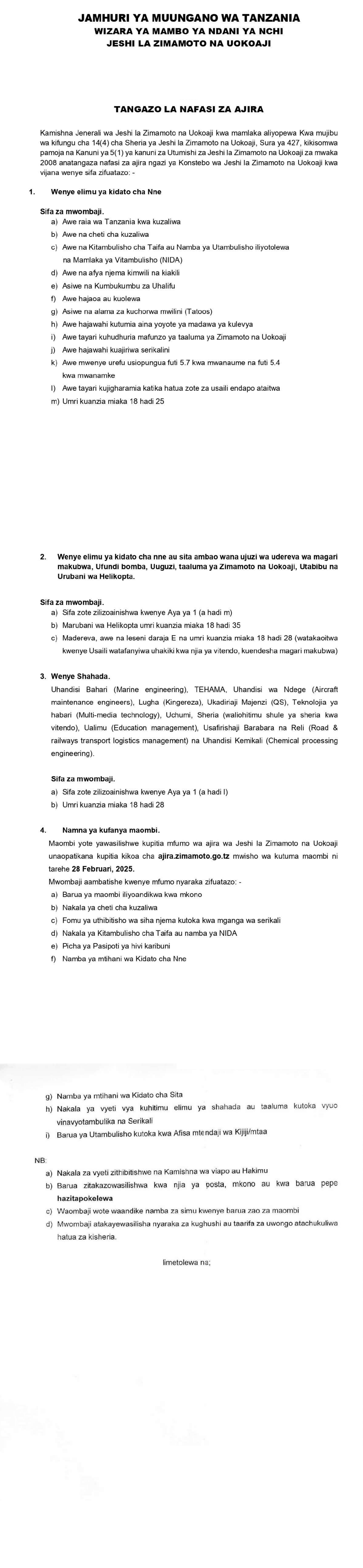 Jeshi la Zimamoto na Uokoaji announces 120+ vacancies. Apply online before 28 Feb 2025. Learn more now!