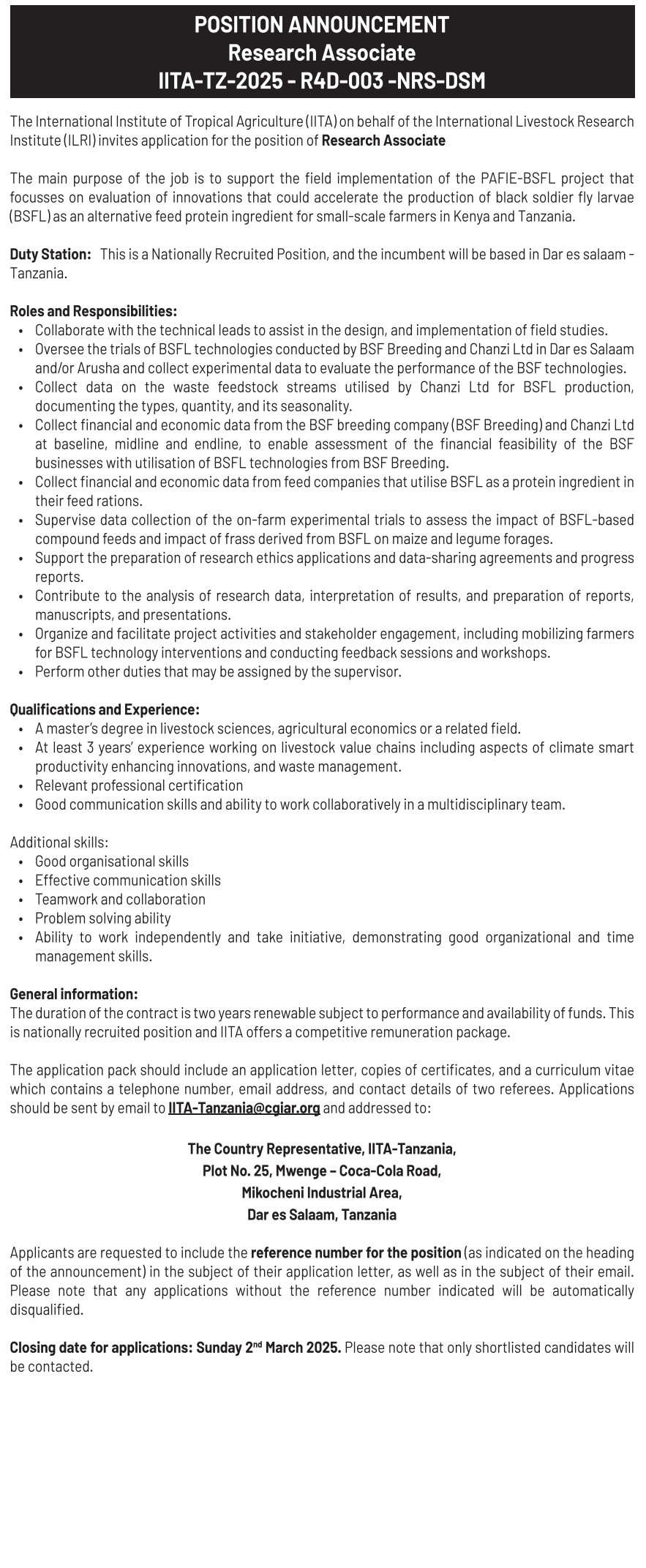 Position Announcement: Research Associate Reference Number: IITA-TZ-2025-R4D-003-NRS-DSM