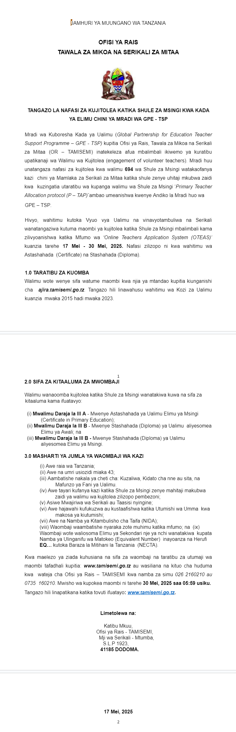 TAMISEMI Tangazo la Nafasi za Kujitolea: Jiunge na nafasi 694 za walimu wa GPE-TSP. Tuma maombi kabla ya Mei 30, 2025, kwenye ajira.tamisemi.go.tz.